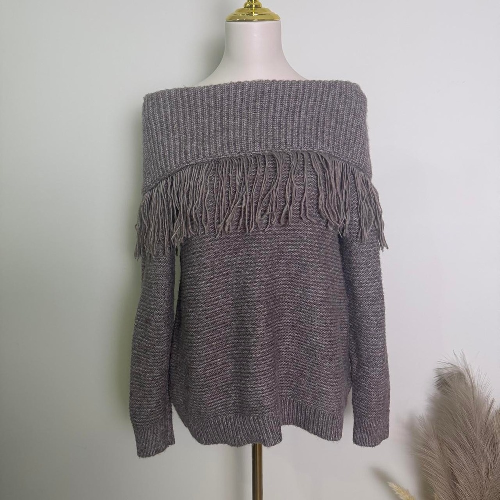 Maurices Large Brown Off-The-Shoulder Fringe Knit Sweater NWT